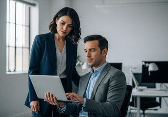 A businessman and a businesswoman discussing about business.