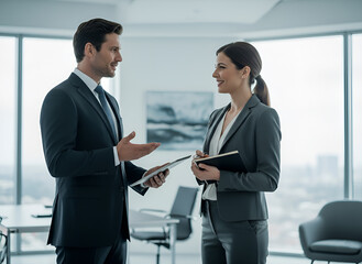 A businessman and a businesswoman discussing about business.