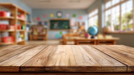 Blank wooden table top with blurred classroom interior background featuring school desks, chairs, and learning environment for education and student concept