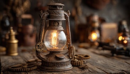 Steampunk lantern on rustic wooden table