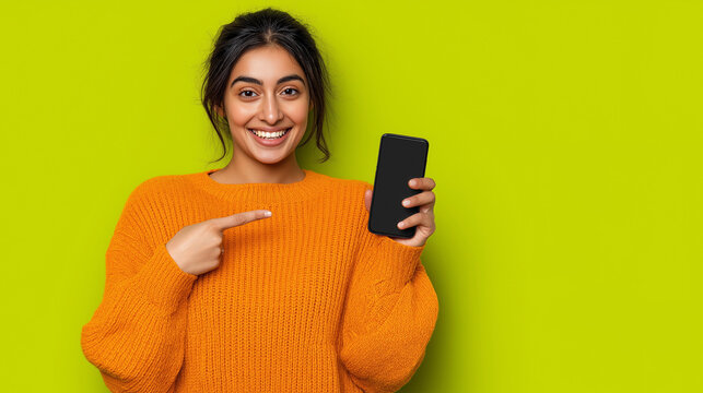 A smiling woman in orange sweater pointing at a black smartphone against a green background in a studio
