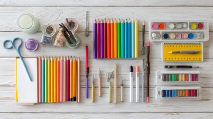 Flat lay arrangement of colorful school supplies including notebooks, pencils, pens, paper clips, and ruler on white wooden background for education and learning concept