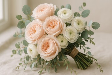 Lush garden bouquet of blush roses white ranunculus and airy greens on linen surface in soft morning light fine art floral still life with dewy textures and gentle bokeh