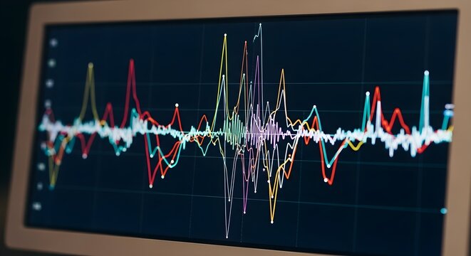Complex digital waveform frequency data is visualized by multiple vibrant colored lines in this detailed close-up shot, creating an analytical mood on a dark computer monitor. - Powered by Adobe