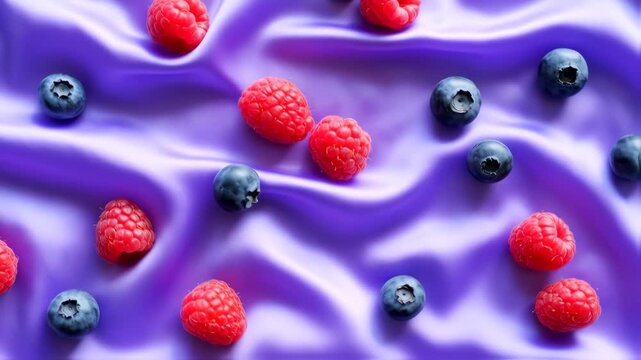 Vibrant raspberries and blueberries on a smooth, purple silk background