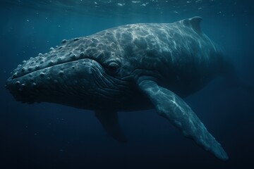 Fototapeta premium Majestic blue whale glides through sapphire water with shafts of sunlight and tiny fish swirling around the gentle giant evoking quiet awe scale and ocean wonder