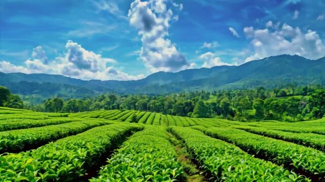 Lush Green Tea Plantation Landscape with Blue Sky and Fluffy Clouds - A picturesque scene of a tea plantation with rows of green tea plants stretching towards a dense forest line, under a bright blue.