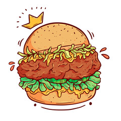 tasty hand drawn burger with crown vector illustration