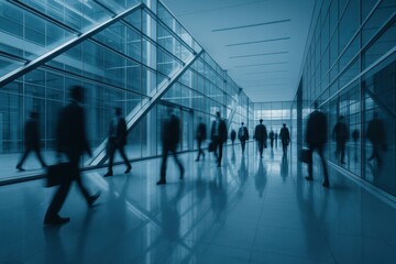 Morning rush of professionals striding through a glass atrium captured with elegant motion blur conveying urban momentum ambition and the relentless pace of modern business