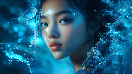 Futuristic Glass and Water Molecular Designs: A Conceptual Exploration of Advanced Skincare and Cosmetic Innovation, Blending Organic Patterns, Bioluminescence, and Minimalist 3D Aesthetics