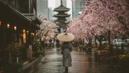 A woman in traditional attire walks a rainy street lined with cherry blossoms and ancient buildings