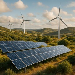 Sustainable energy landscape with modern wind turbines and solar panel arrays harmoniously integrated with natural environment during golden sunrise