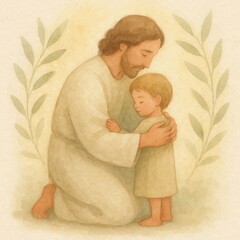 Tender watercolor scene of compassionate teacher embracing small child amid gentle light and olive branches inspired by biblical themes and timeless kindness