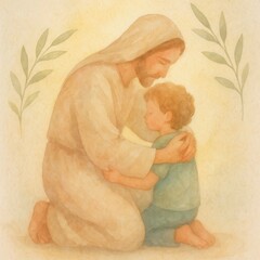 Tender watercolor scene of compassionate teacher embracing small child amid gentle light and olive branches inspired by biblical themes and timeless kindness