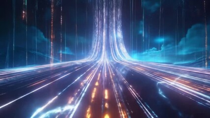 Futuristic data stream network with glowing neon light trails on a digital backdrop - Powered by Adobe