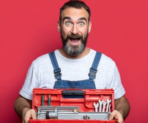 A man in coveralls, holding a red toolbox filled with tools, displays a surprised expression against a vibrant red backdrop.