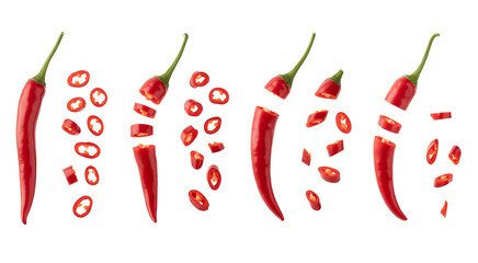 A progression of a single red chili pepper being sliced into rings.
