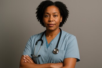 Professional African American female physician in modern medical scrubs displaying confident healthcare expertise