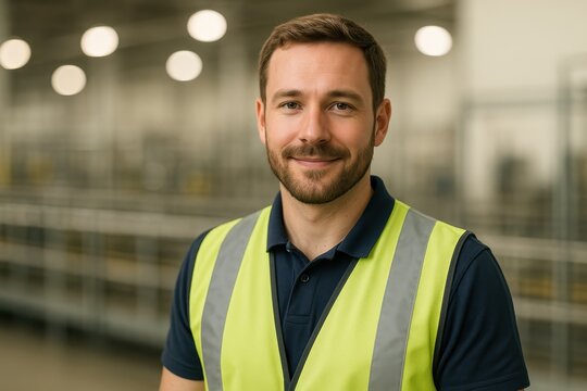Proud Hispanic factory technician smiling on the production floor safety gear neat uniform and modern machinery behind conveying competence reliability and inclusive industrial excellence