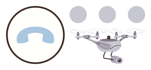 Surveillance Quadcopter with a mounted camera alongside a circular call icon, representing connectivity, technology, and communication. Ideal for tech innovation, security, data collection, remote