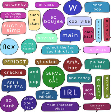 Collection of Gen z  slang Terms and phrases used by teens and tweens on transparent background