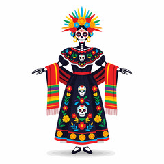 Colorful Day of the Dead woman in traditional Mexican dress, adorned with flowers and skulls.