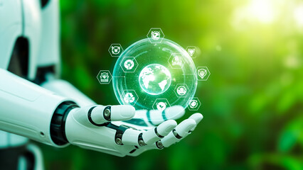 Robot hand holds a glowing globe with icons in a green outdoor setting, merging futuristic artificial intelligence with eco-friendly design and sustainable digital innovation.