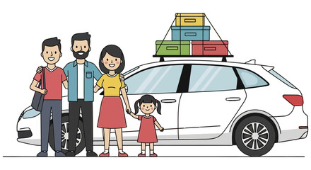 Cheerful Family Ready for Road Trip with Luggage on Car Roof.