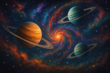 Fototapeta premium Spectacular deep space panorama featuring diverse planetary systems with colorful nebulae and distant star formations
