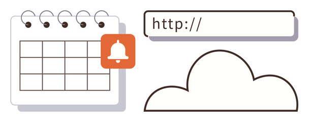 Calendar with reminder bell, URL browser bar, and cloud illustration. Ideal for scheduling, notification, online planning, cloud storage, internet accessibility, web tools simple flat metaphor