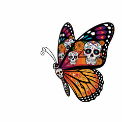 A monarch butterfly with wings intricately decorated with colorful Day of the Dead sugar skulls and flowers.