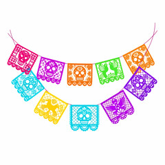 Festive Mexican papel picado garland with colorful, intricate cut-out designs of skulls and birds for a Day of the Dead celebration.