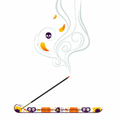 A burning incense stick in a decorative holder with skulls and petals, symbolizing the Day of the Dead festival.