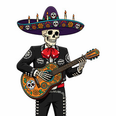 A festive skeleton mariachi character wearing a decorated sombrero and playing a colorful guitar.