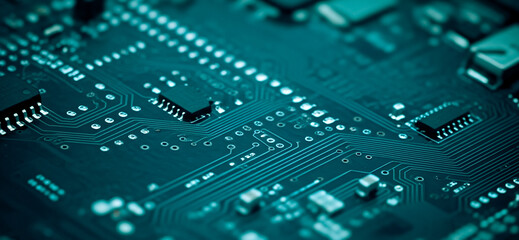 Close up of a blue computer circuit board with integrated chips, highlighting technological precision and the detailed complexity of modern electronic systems.