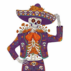 A vibrantly decorated skeleton in traditional attire, adorned with flowers and a sombrero, posing confidently.
