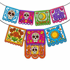 Colorful papel picado banners, featuring intricate designs of skulls, flowers, and symbols, perfect for Dia de los Muertos celebrations.