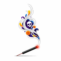 Abstract illustration of incense smoke with a skull, vibrant colors, and decorative swirls.