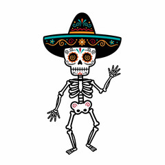 A stylized skeleton wearing a sombrero, decorated with Day of the Dead motifs, waving.
