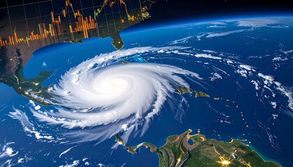 A hurricane swirls over Central America, with financial data overlaid on Earth
