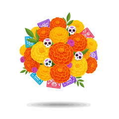 Colorful bouquet of marigold flowers, decorated with Day of the Dead skulls and papel picado, festive and symbolic.