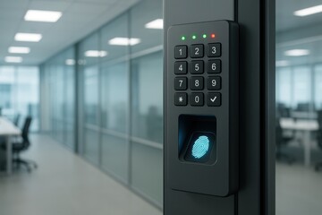 Advanced biometric door lock system with illuminated touchscreen keypad providing secure access control for modern buildings