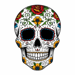 Ornate Sugar Skull adorned with vibrant flowers and swirling patterns, a symbol of Dia de los Muertos.