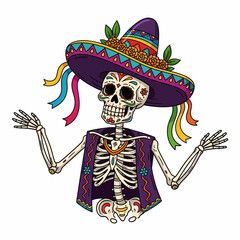 A festive cartoon skeleton in a decorated purple sombrero and vest for a Day of the Dead celebration.