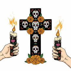 Hands holding decorated candles flank a cross adorned with sugar skulls and marigolds for Día de los Muertos.