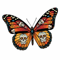 A Monarch butterfly with intricate Day of the Dead sugar skull designs on its vibrant orange wings.
