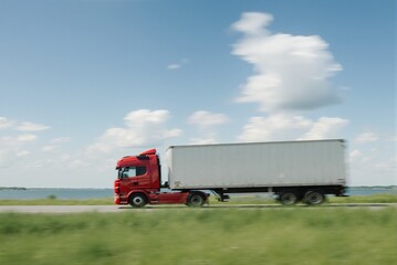 Red truck with a white trailer driving on a road beside a grassy field under a clear sky.