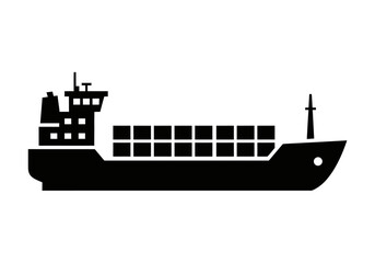 Fototapeta premium Simple black silhouette icon of a container cargo ship. Vector graphic of a maritime freight transport vessel for logistics and global trade