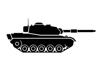 Side view of a black silhouette of a military tank.