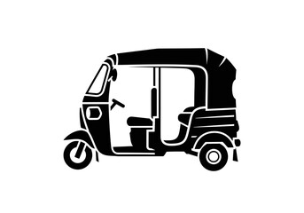 Side view of a black and white silhouette of a three-wheeled auto-rickshaw.